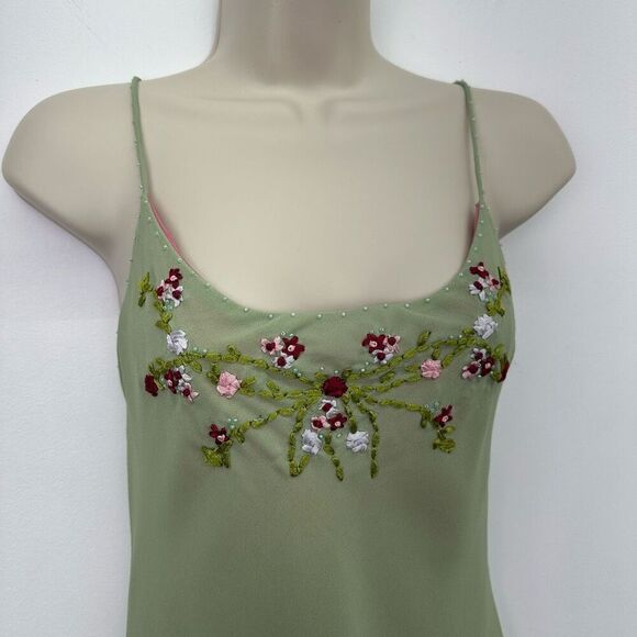 Geometrie Women’s Green Pink Y2K Floral Embroidered Dainty Bead Midi Slip Dress - Picture 8 of 11